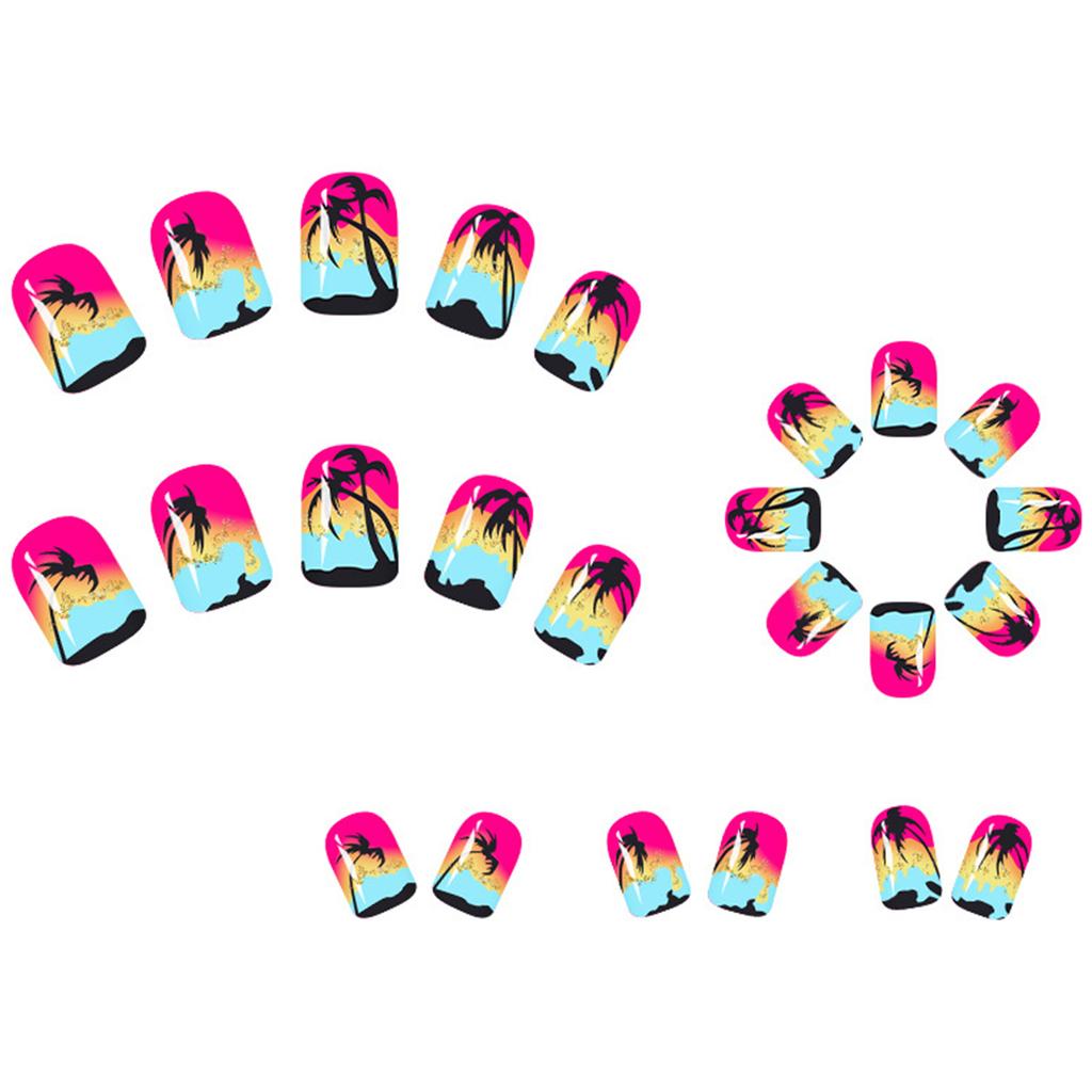 24 Pieces Coconut Sunset Press On Nail Glossy Short Square Artificial Nail Stick On Nail For Parties And Daily Use