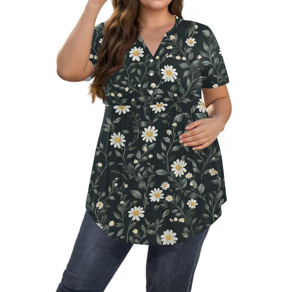 Damen Bedrucktes Übergröße V-Ausschnitt Knopfleiste Top Lässig Kurzarm Fließendes Oberteil