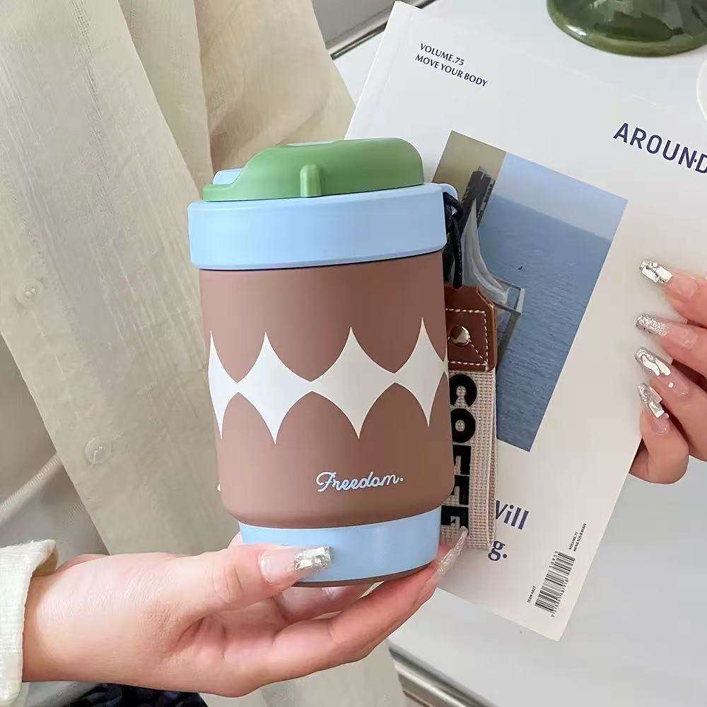 New Portable Double Drink Coffee Cup with Lifting Rope High Value Straw Cup Ceramic Inner Tank Gift Thermos Cup