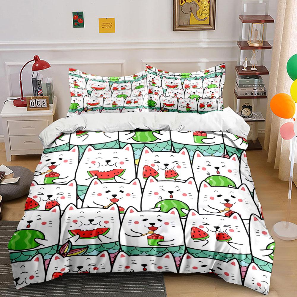 Cute Cat Watermelon Pattern Bedding Duvet Cover Set Duvet Cover Pillowcases (1*Duvet Cover 2*Pillowcases, without duvet insert)