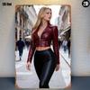 Retro Metal Tin Sign Blonde Woman in Red Leather Crop Jacket  Black Leather Pants Vintage Street Style Wall Art Decor for Bar