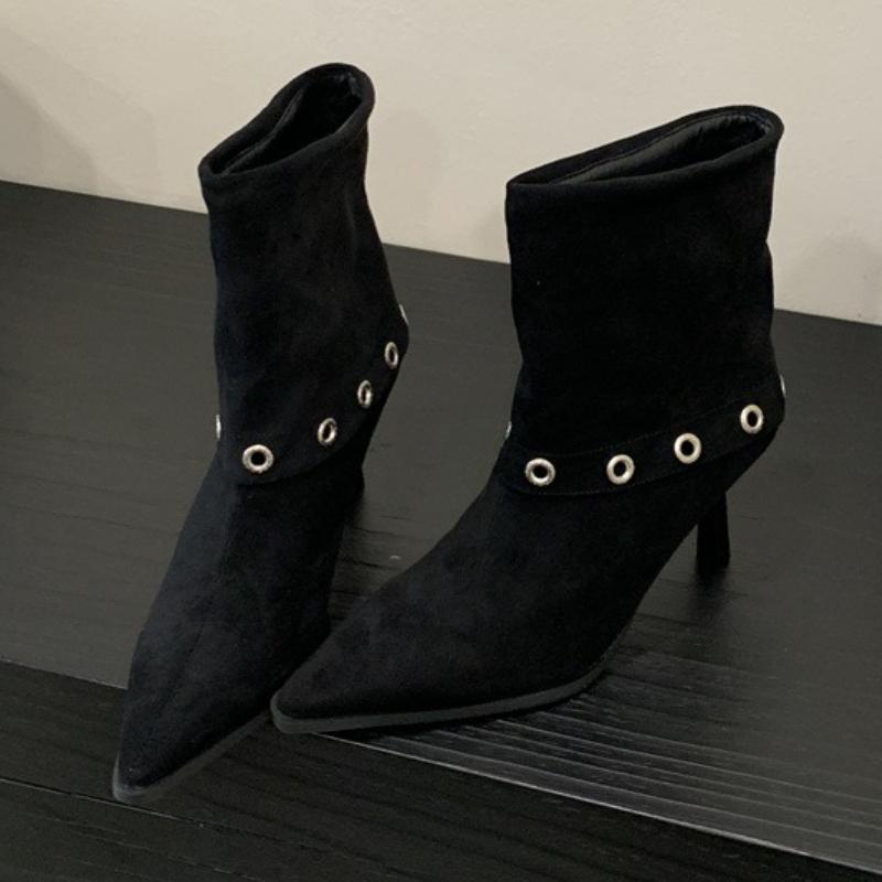 

Fashion Elegant Pointed Toe Thin Heel Ankle Boots Women Fashion Metal Rivet Decoration Designer Boots High Quality Cozy Faux Suede Boots 40 коричневый