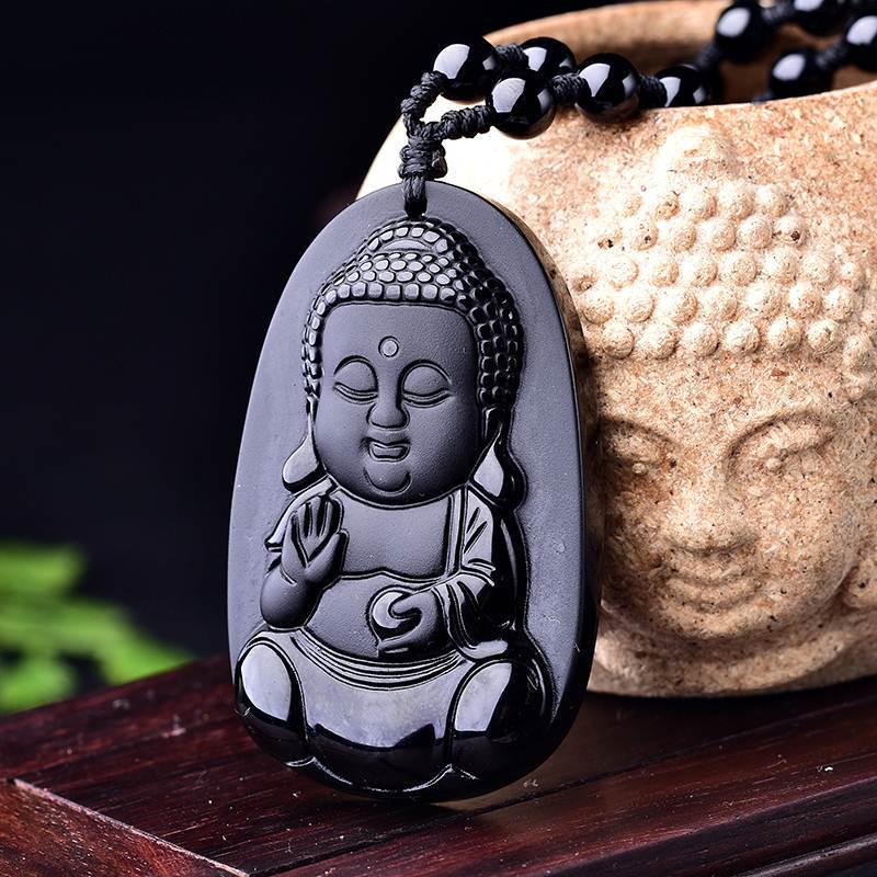 Genuine Obsidian Baby Buddha Pendant - Natural Gemstone Hanging Ornament