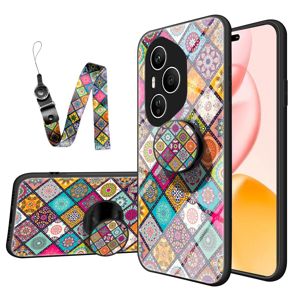 

For Honor 400 Pro 5G (Global) Case Kickstand Ethnic Pattern Tempered Glass Phone Cover with Strap B