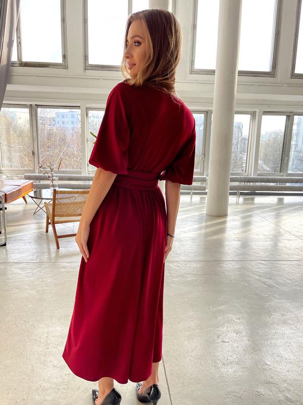 2023 Women's V-Neck Lantern Sleeve Maxi Dress with Waist Tie & Slit