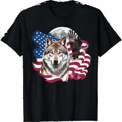 Wolf Bald Eagle American Flag Graphic TShirt Premium Cotton Short Sleeve Round Neck Tee