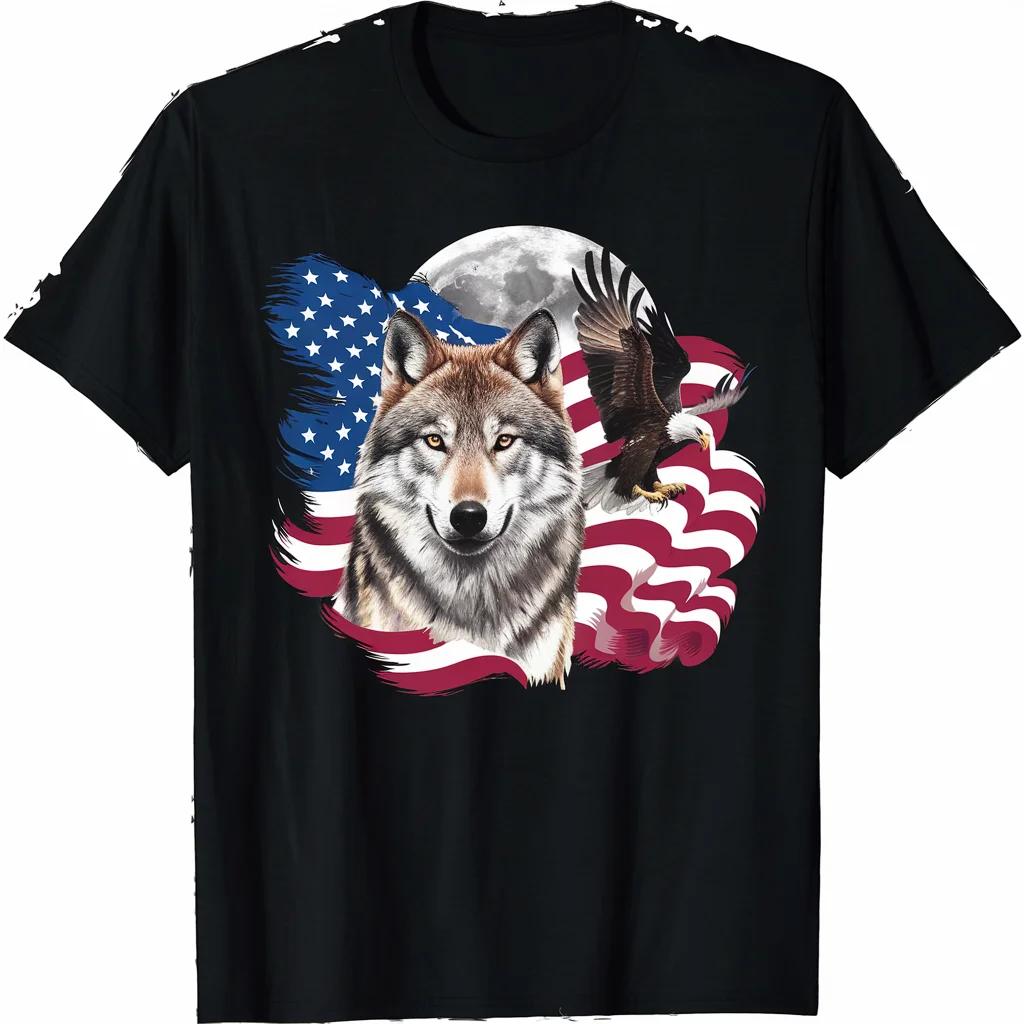 Wolf Bald Eagle American Flag Graphic TShirt Premium Cotton Short Sleeve Round Neck Tee
