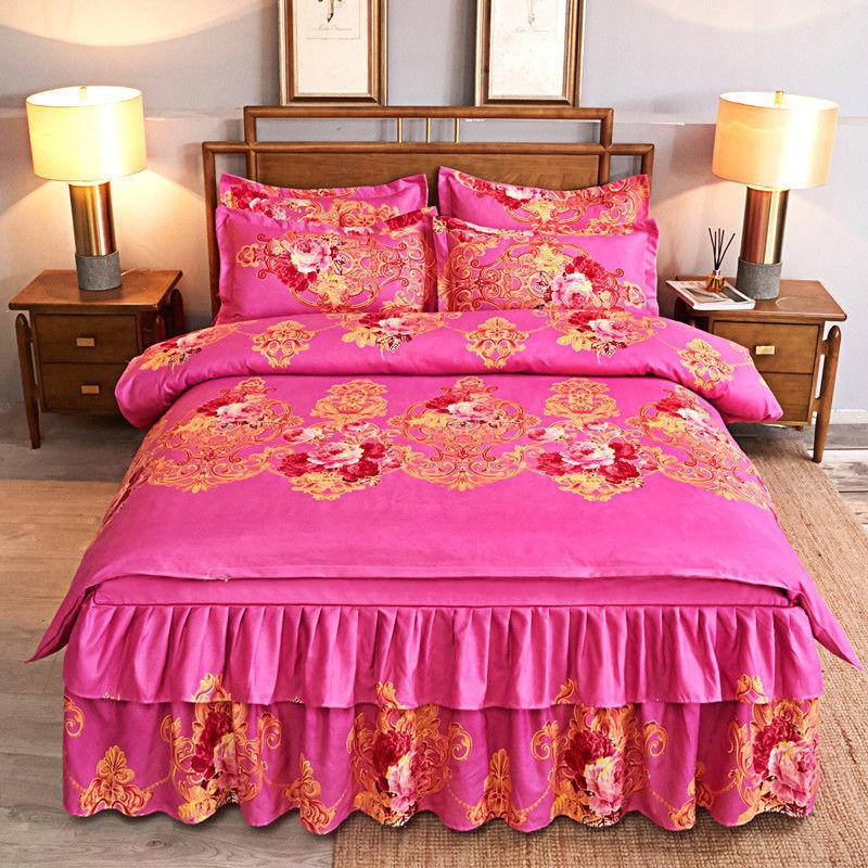 Four Sets of Big Red Bed Skirts Set Double Anti-skid Bed Single Bed Cover Wedding Bed Supplies