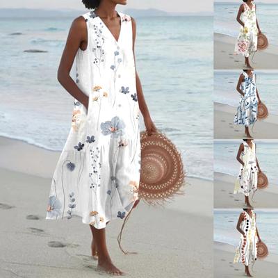 Women's Print Summer Dress Sleeveless V Neck Button Down Casual Pocket Swing Short Dress