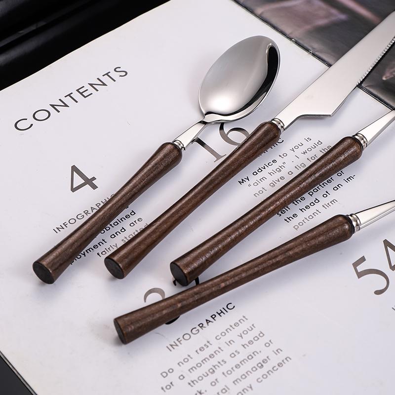 Wood Handle Tableware Set Korean Stainless Steel Cutlery Set Fork Knife Spoon Set High Quality Dinner Set Luxury Tableware Set