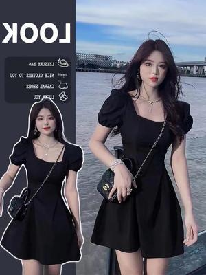 Sensual Hepburn Style Black Mini Dress Women Summer New Fashion French Retro Square Neck Bubble Sleeve Waist Fitting Dress Sweet Spicy