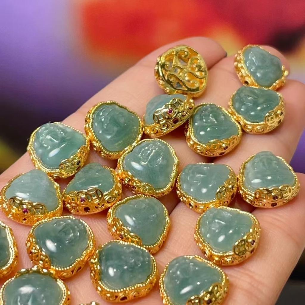 5Pcs, Natural Stone Bluewater Jadeite Pendant with Golden-Edged Accents, Fashion Pi Xiu Charms for Men Women, for DIY Necklace, Jewelry Making 12x12mm