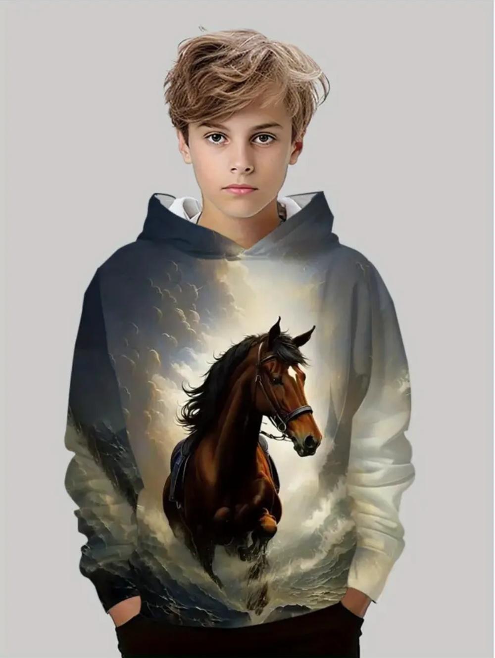 

2025 Новая детская толстовка Модный принт с лошадью 3D Принты Топы Осенний комфорт Толстовка с длинным рукавом Крутая детская одежда Мальчик 11-12Y