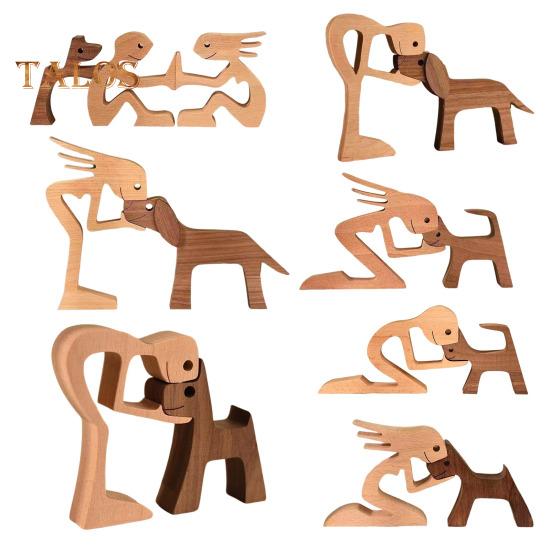 Dog Wooden Sculpture Pet Memorial Gift Dog And Man Woman Statue Home Decor Puppy Family Figurine Gifts for Dog Lovers