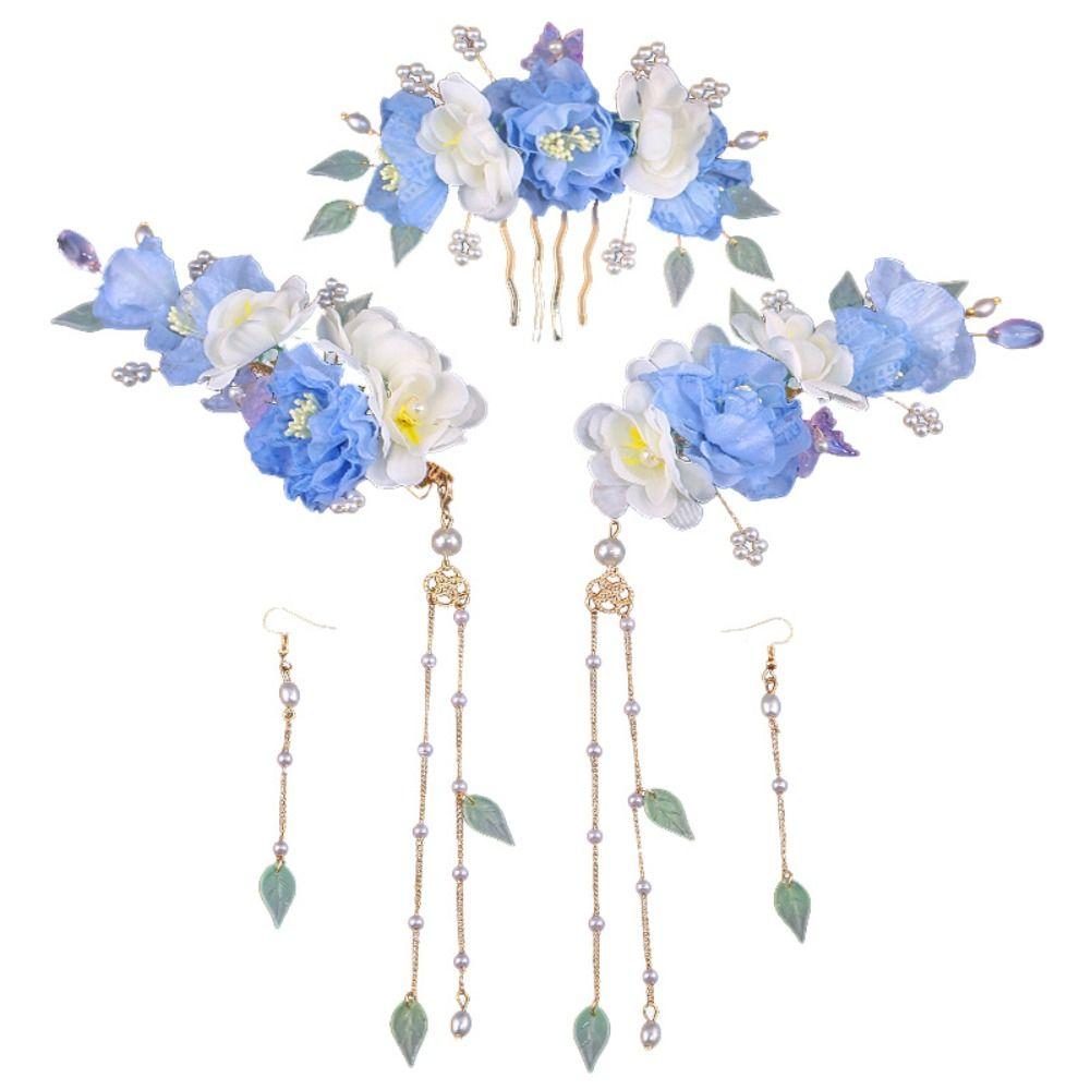 Boucle d'oreille Épingle à cheveux Style Chinois Ensemble Gland Fleur Peigne à cheveux Rétro Hanfu Bâton à cheveux Cheongsam