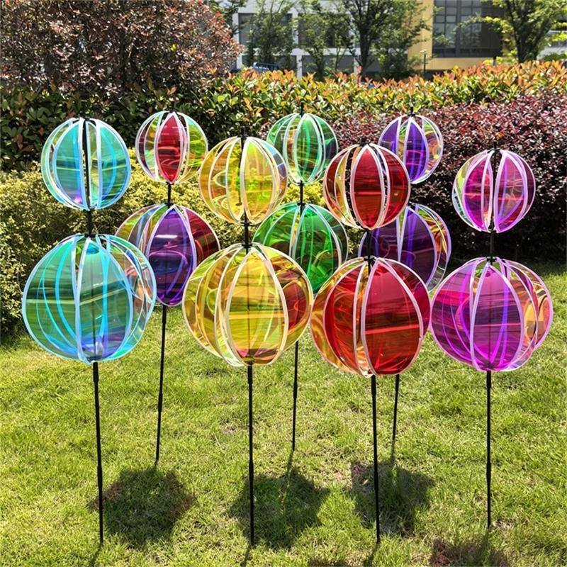 Rainbows Rotating Windmill Decorative Stake Reflective Outdoor Gazing Ball Wind Spinner For Garden Yard Patios Outdoor Use