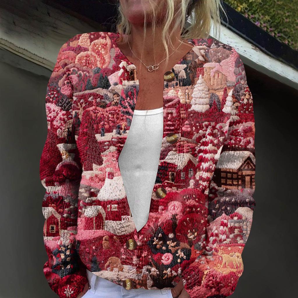 Women's Fashion Printed Long Sleeve Knitted Cardigan Button Down Jacket