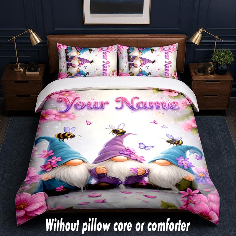 Gnome Theme Custom Text Or Name 3Pcs Bedding Set,1 Flat Sheet & 2 Pillowcases Personalized Home Bedding