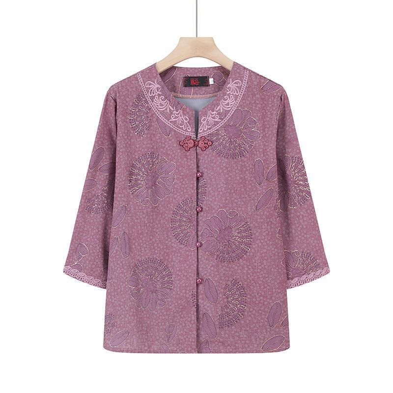 

Summer Seven-Sleeved Printed Shirt for Women, 60s Grandma Style Loose Lapel Cardigan, Middle-Aged and Elderly Women s Top 4XL (recommended 135-150 jin) червоний