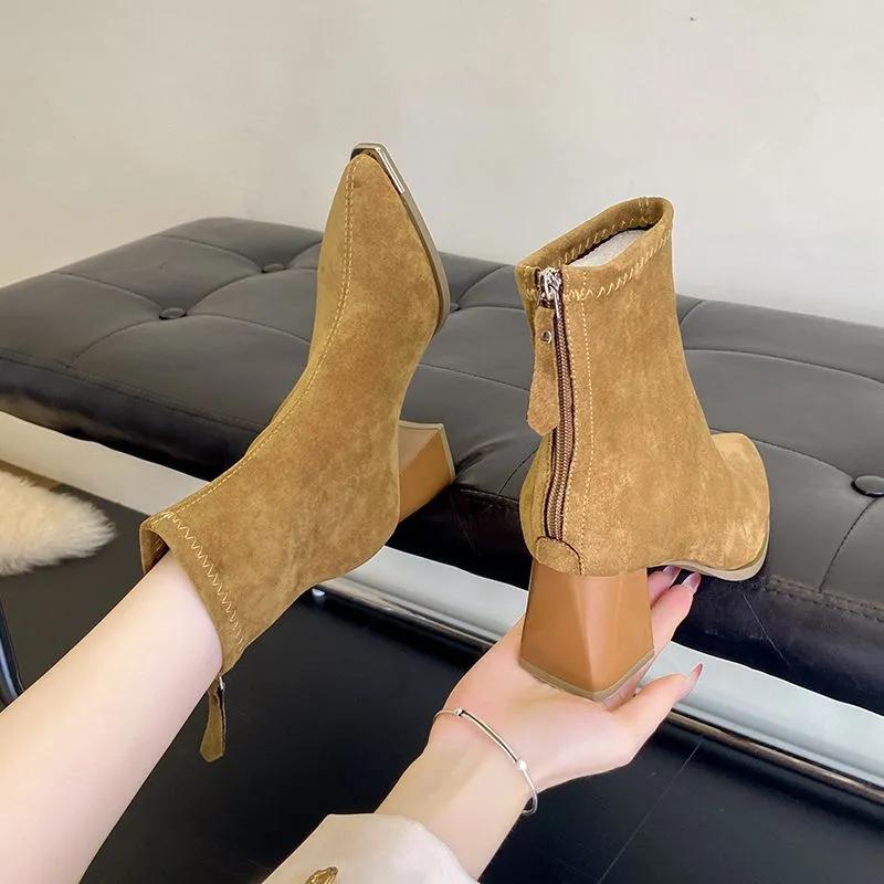 Winter Women Thick Heel Ankle Boots Pointed Toe Mordern Short Booties Street Style Party Stripper Female Shoes