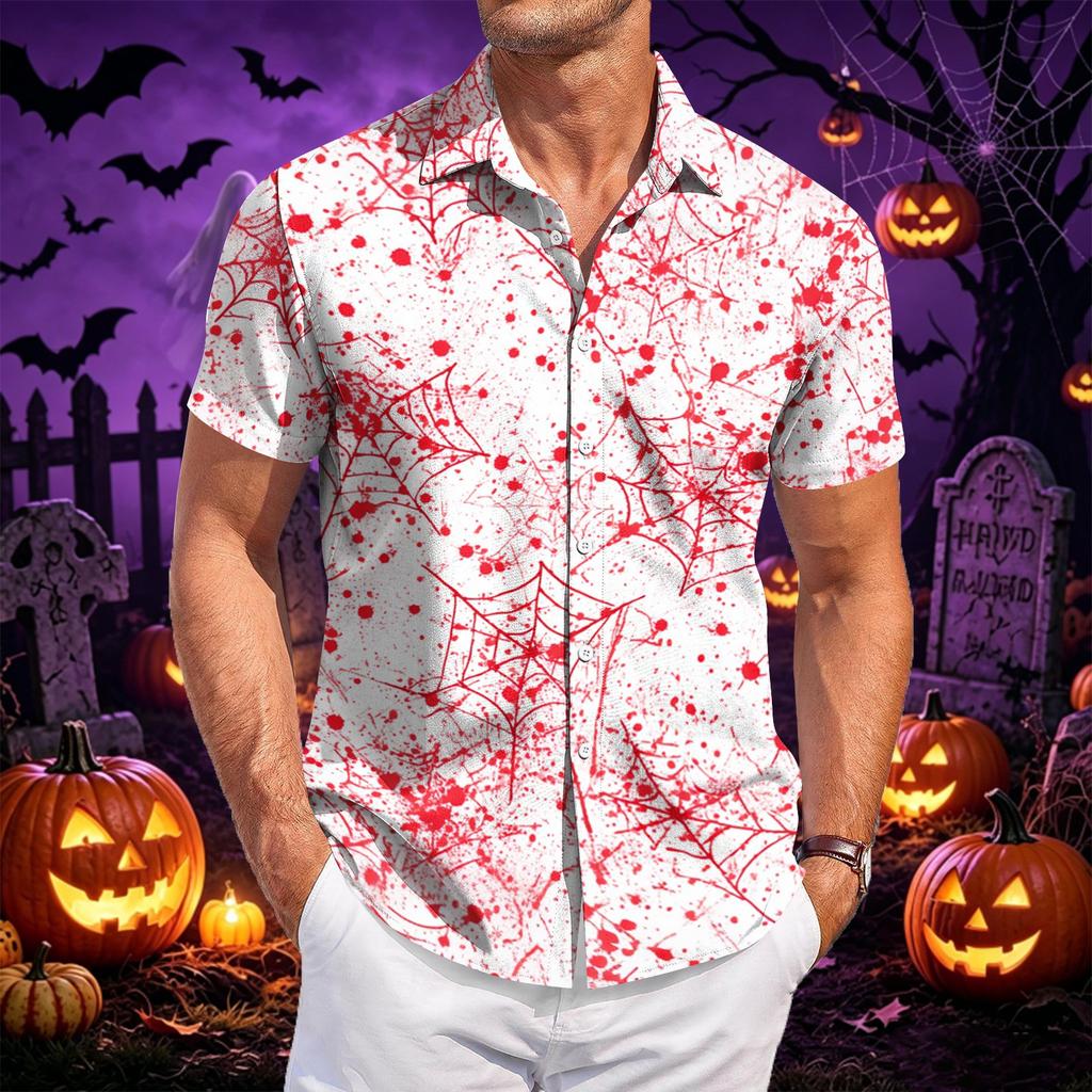 Men Fashion Casual Halloween Printed Short Sleeve Shirt Button Down Collared Top Flame Pumpkin Pattern Relaxed Fit Lightweight Material