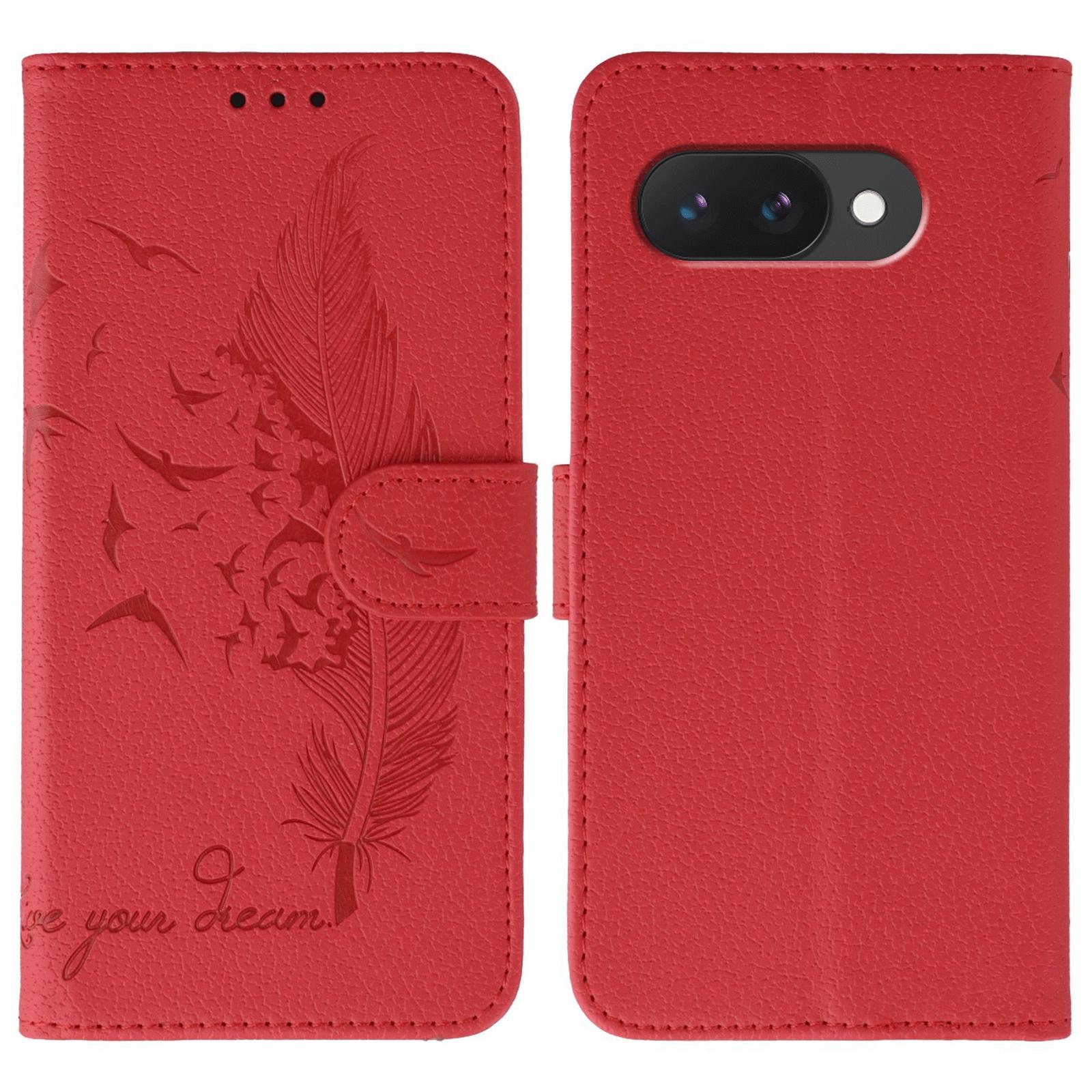 

Чехол для Google Pixel 9a Кожаный кошелек с тиснением пера Чехол для телефона Red