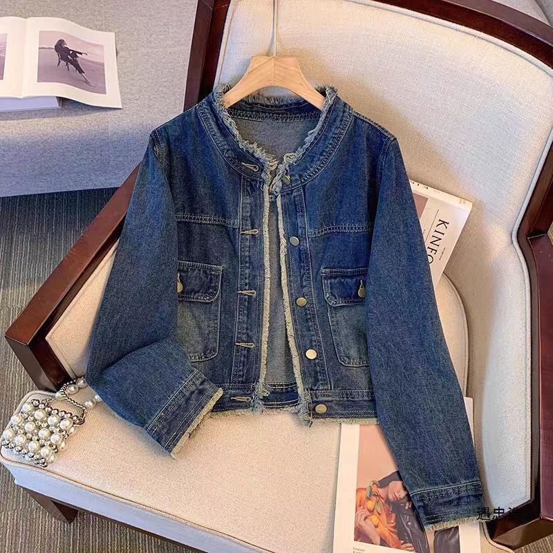 Women's Short Dark Blue Retro Frayed Denim Jacket - Spring/Autumn 2026, New Loose Hong Kong Style
