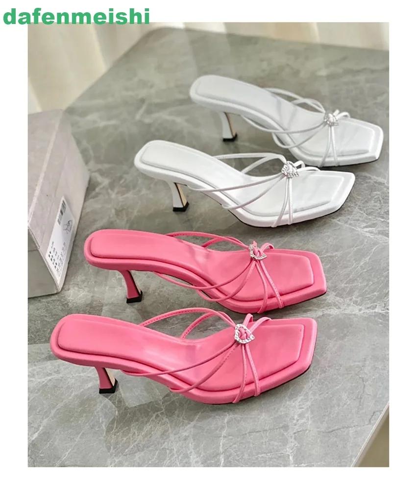 Fashion Heart-Shaped Crystal Square-Toe Sandals 2025 New Summer Open-Toe Stiletto Heels Thin Straps Slip On Slippers White/pink Sandals