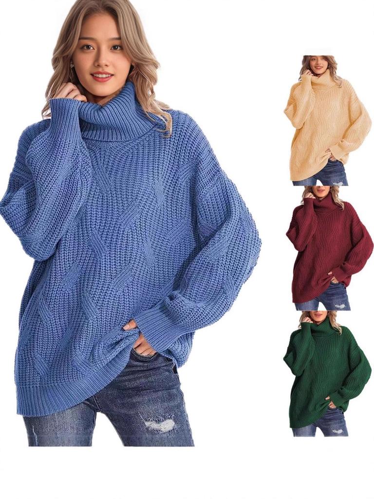 Autumn/Winter 2025 Women's Loose High Neck Cable Knit Sweater Pullover