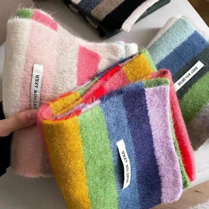 Korean Fashion Scarf Winter Autumn Women Striped Knit Wool Muffler Female Chic Versatile Small Soft Warm Shawl Trendy Girl