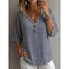 Blusa Casual da Donna con Scollo a V, Maniche a 3/4, Dettaglio Bottoni, Misto Lino