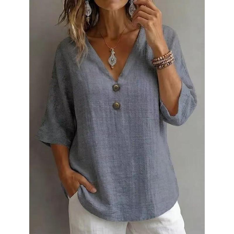 Blusa Casual da Donna con Scollo a V, Maniche a 3/4, Dettaglio Bottoni, Misto Lino
