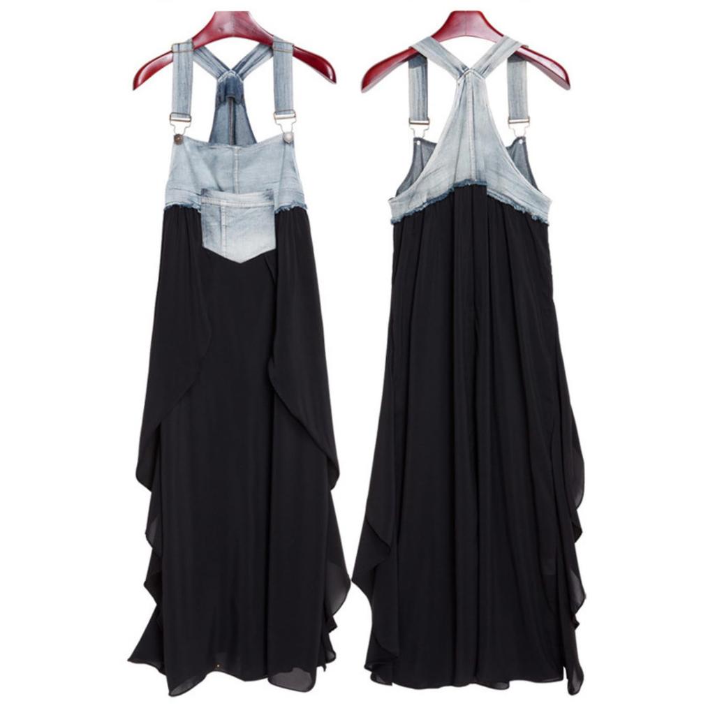 Denim Overalls Light for Commuting and Casual Frill Relaxed Fit Asymmetric Cotton Sleeveless [JINJUDUO] Women's Dress, Blue, Wear, Design, Stretch,