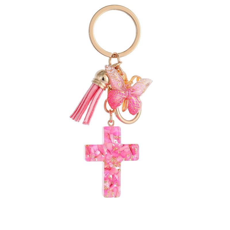 Resin Cross Keychain Butterfly Tassel Stone Cross Pendant Classic Retro Durable Key Ring Creative Gift And Practical Bag Accessory