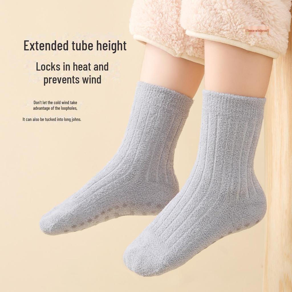 Dicke Korallenfleece-Anti-Rutsch-Indoor-Socken für Jungen, mittelhoch, warm für Herbst/Winter.