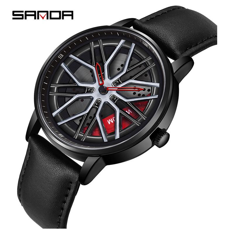 Sanda Men's Creative Wheel Quartz Watch - Trendy Rotating Waterproof Wristwatch