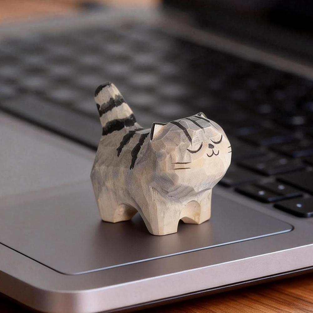 Cute Cat Animals Figurine Decorative Wooden Ornament Miniature Kitten Coffee Home Bedroom Office Desk Decoration Gift Statue
