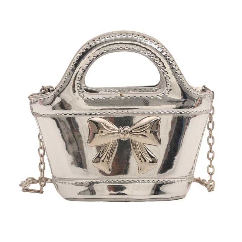 2024 Shiny Patent Leather Mini Basket Crossbody Bag with Laser Chain for Kids and Women