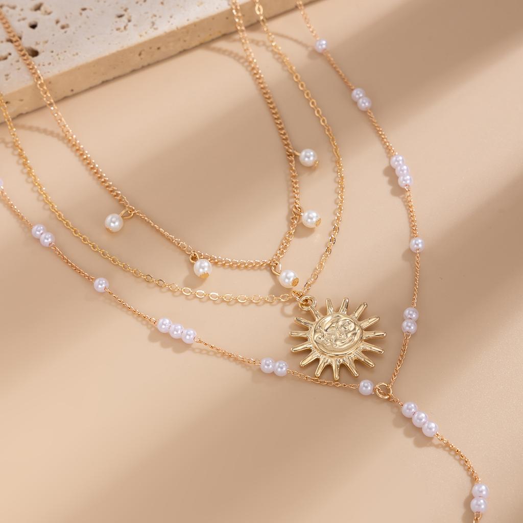 Ins Sun Alloy Pendant Collarbone Chain French Temperament Pearl Beaded Long Necklace Fashionable Commuter Stacking Style Holiday Women's Jewelry