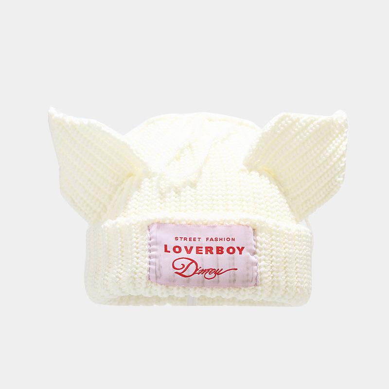 Niche Cute Pig Ears Splicing Knitted Hat Men's and Women's Trend Contrasting Color Sticker Wool Thermal Hat