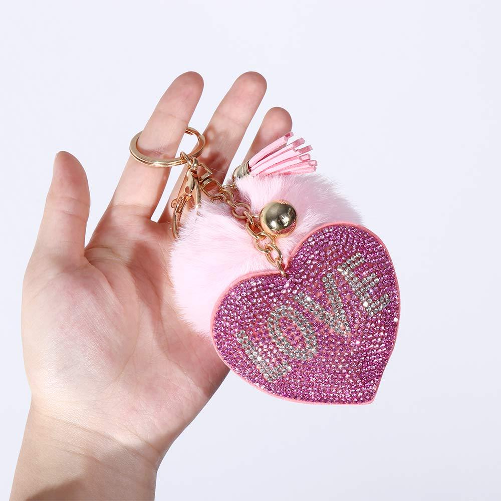 Decoration Girls Ornaments Rhinestone Heart Bag Pendant Rhinestone Keyrings Pompom Keychains