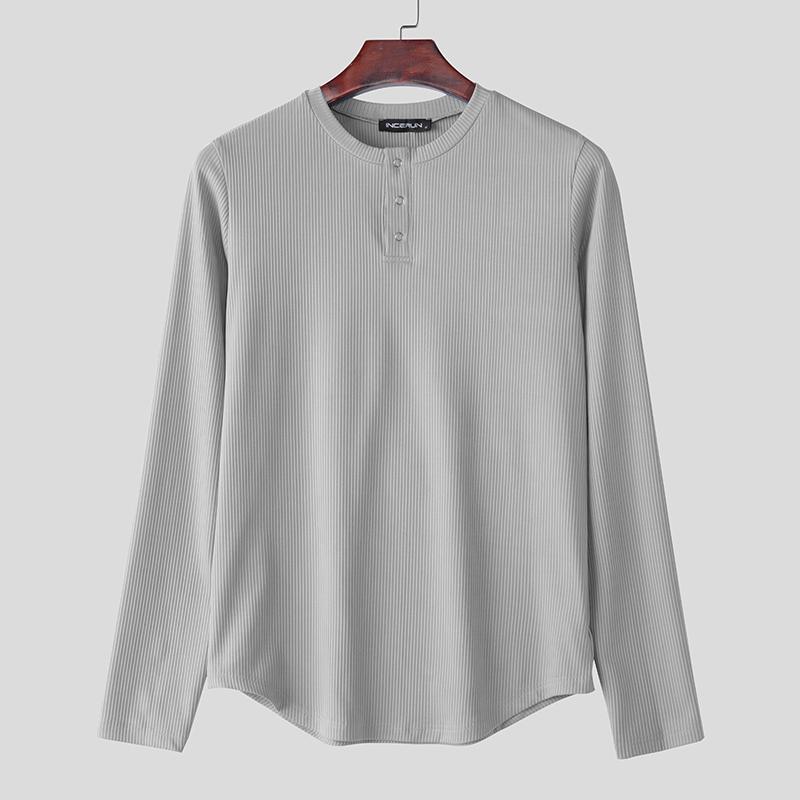 INCERUN Men Round Neck Long Sleeve Rib Casual Fitted Tops T-shirts Undershirts