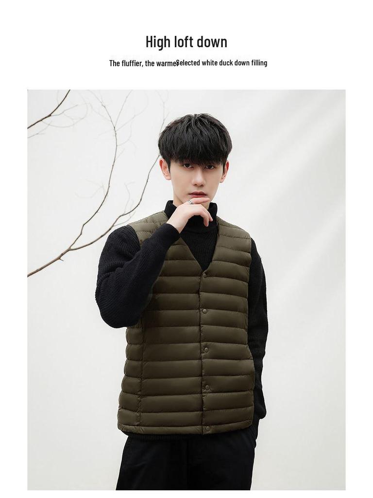 Men's 90% Down Solid Color V-Neck/Round Neck Vest Plus Size Jacket