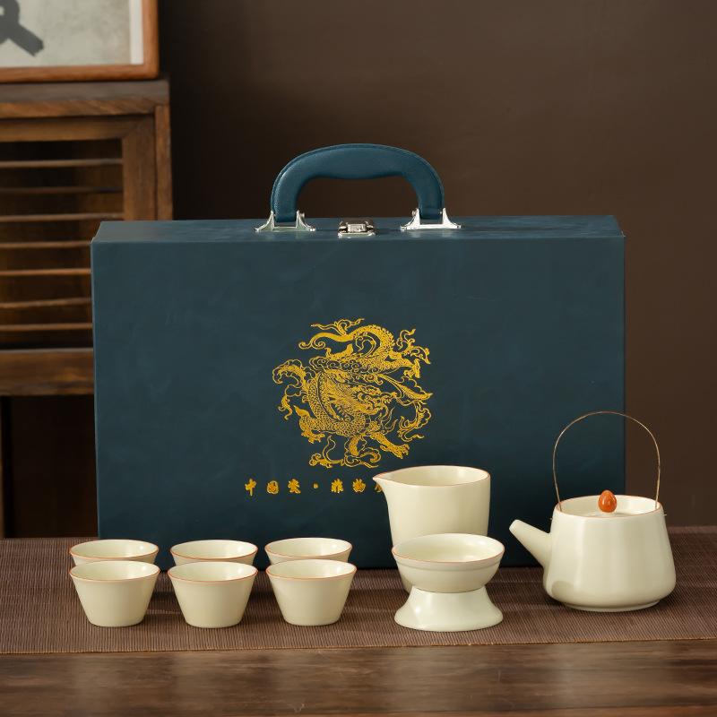 Enterprise high-end guest reception ceramic tea set light luxury opening Ru kiln gift box boutique set