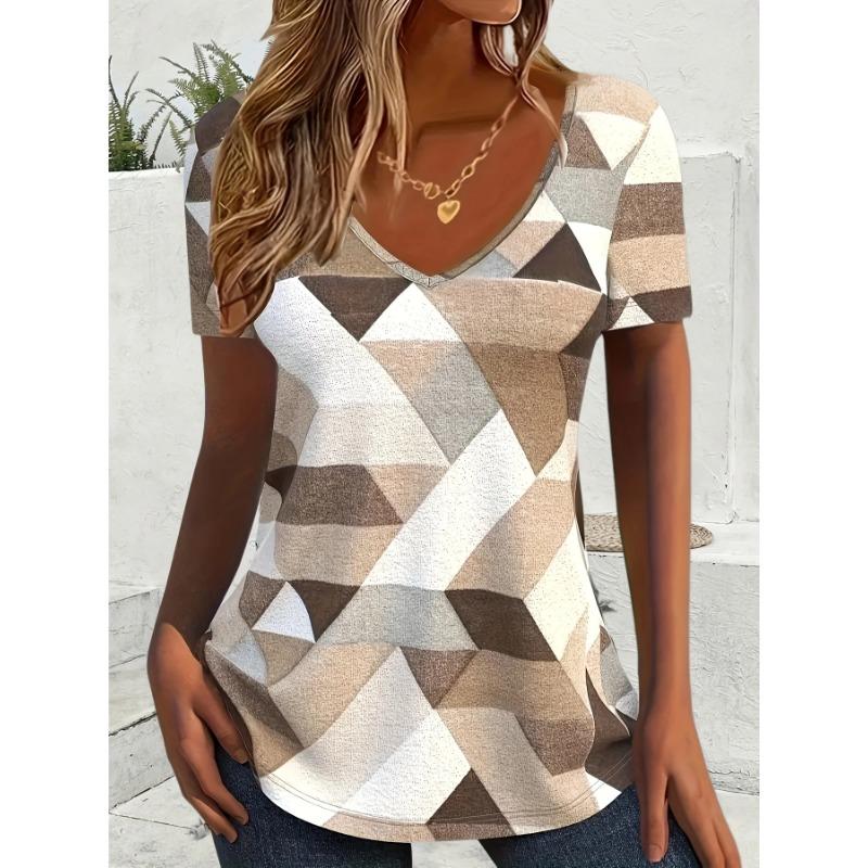 Plus Size 1XL-5XL Women's Summer V-neck Fashion Geometric Print T-shirt Women Casual Short Sleeved T-shirt