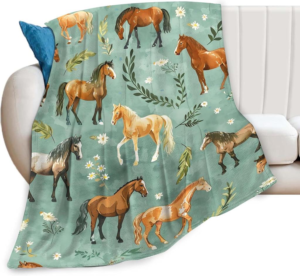 Horse Blanket Cute Horses Flowers Decor Throw Blanket Gifts for Animal Lover Warm Soft Plush Lightweight Fleece Flannel Blanket