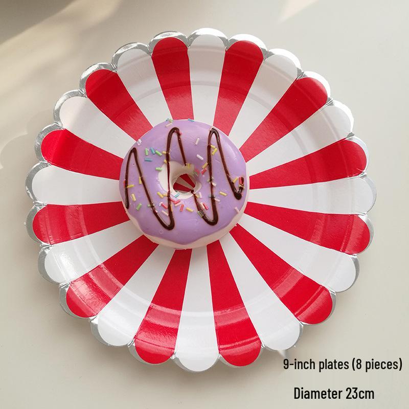 Red Stripe Gold Trim Party Tableware Set: Plates, Cups, Napkins