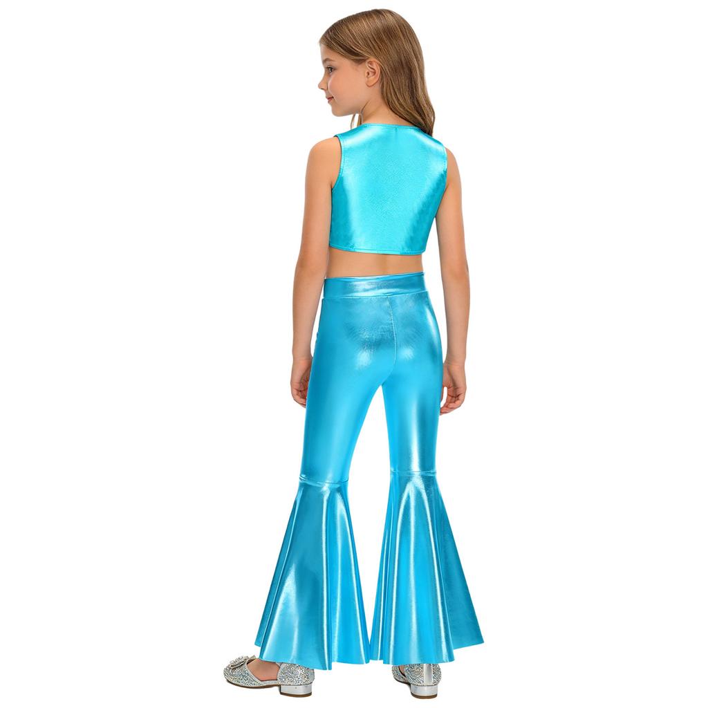 Girls 70s Disco Costume 2 Piece Set Metallic Gloss Sequins Sleeveless Top Split Bell Bottom Pants