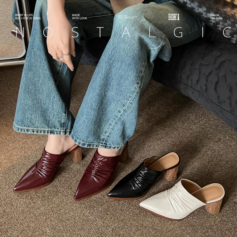 Fashion 2025 New Summer Women Mules Pointed Toe High Heel Shoes Genuine Leather Women Shoes Cover Toe Slingback Sandals Modern Slippers