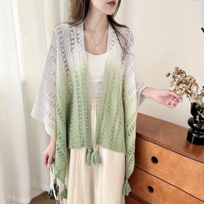 Gradient Tie-Dye Ethnic Shawl Cape - Knitted Women's High-End Travel Outerwear